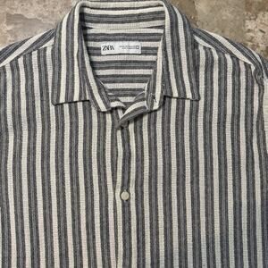 Zara Shirt Mens XL Black White Short Sleeve Camp Johnny Collar Knit Beach